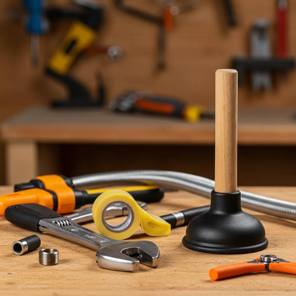Essential DIY plumbing tools arranged on a workbench