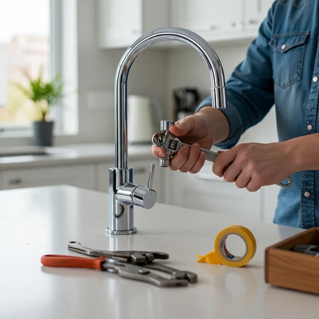 Homeowner repairing a leaky tap in a modern kitchen with tools