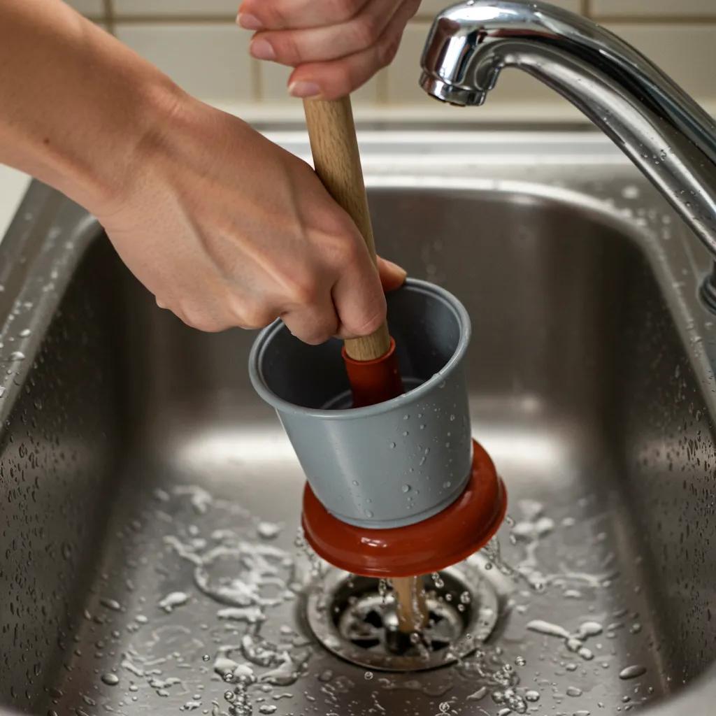 Person using a cup plunger to unclog a kitchen sink drain